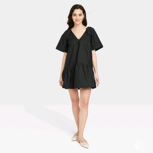 Women's Flutter Short Sleeve Mini Poplin Dress - A New Day Black XS